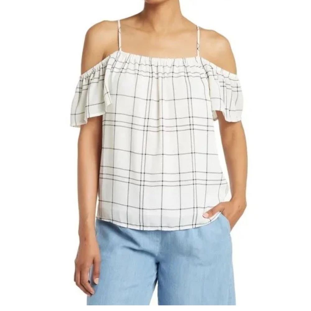 Pleoine - Cold Shoulder Top in Ivory Black Window Pane Print